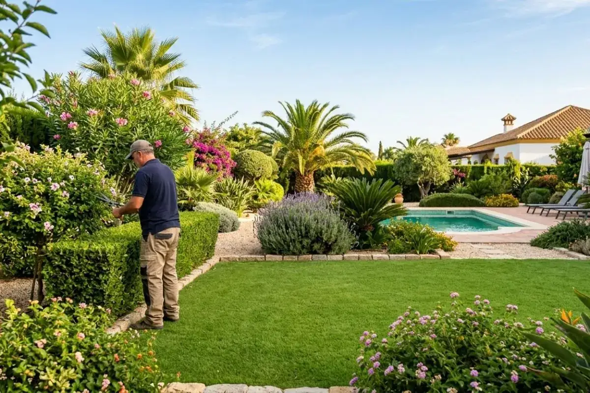 Podador trabajando en un jardín de Chiclana de la Frontera con palmeras al fondo
